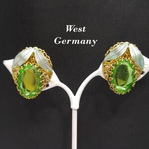 West Germany Green Clip Earrings, Filigree Green Enamel, Faux Pearls, 1950s